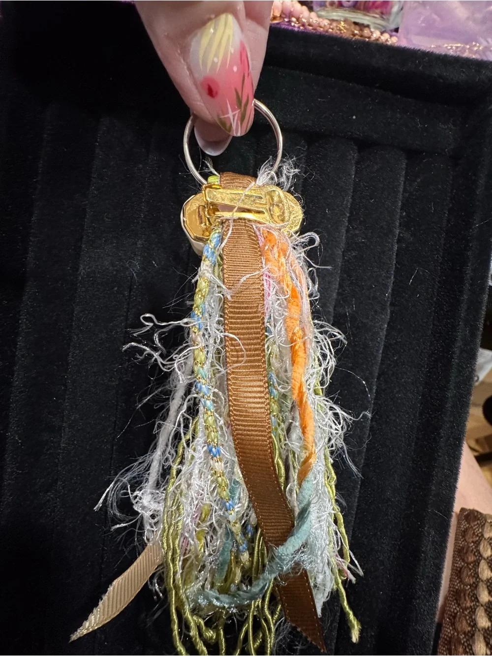 Stylish Multi-Texture Tassel Keychain in Beige and Green
